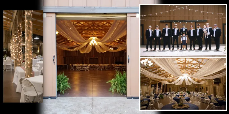 Elegant event venue showcasing decorated interiors with draped fabric and lights, alongside a group of well-dressed attendees posing for a photo.