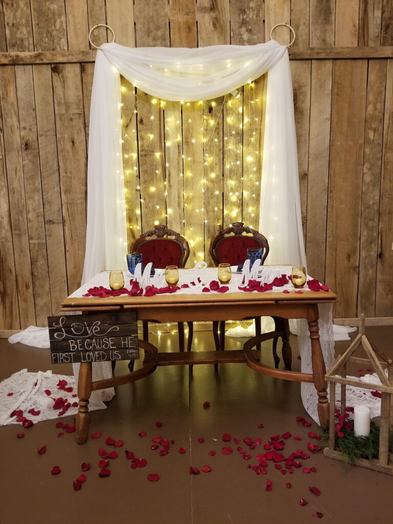 Romantic wedding table setup featuring two ornate chairs, surrounded by rose petals and soft lighting, emphasizing a love theme.